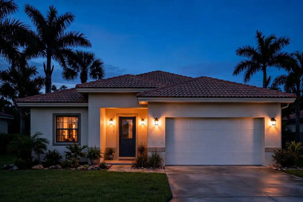 Coral Springs home with its garage door secured in the evening