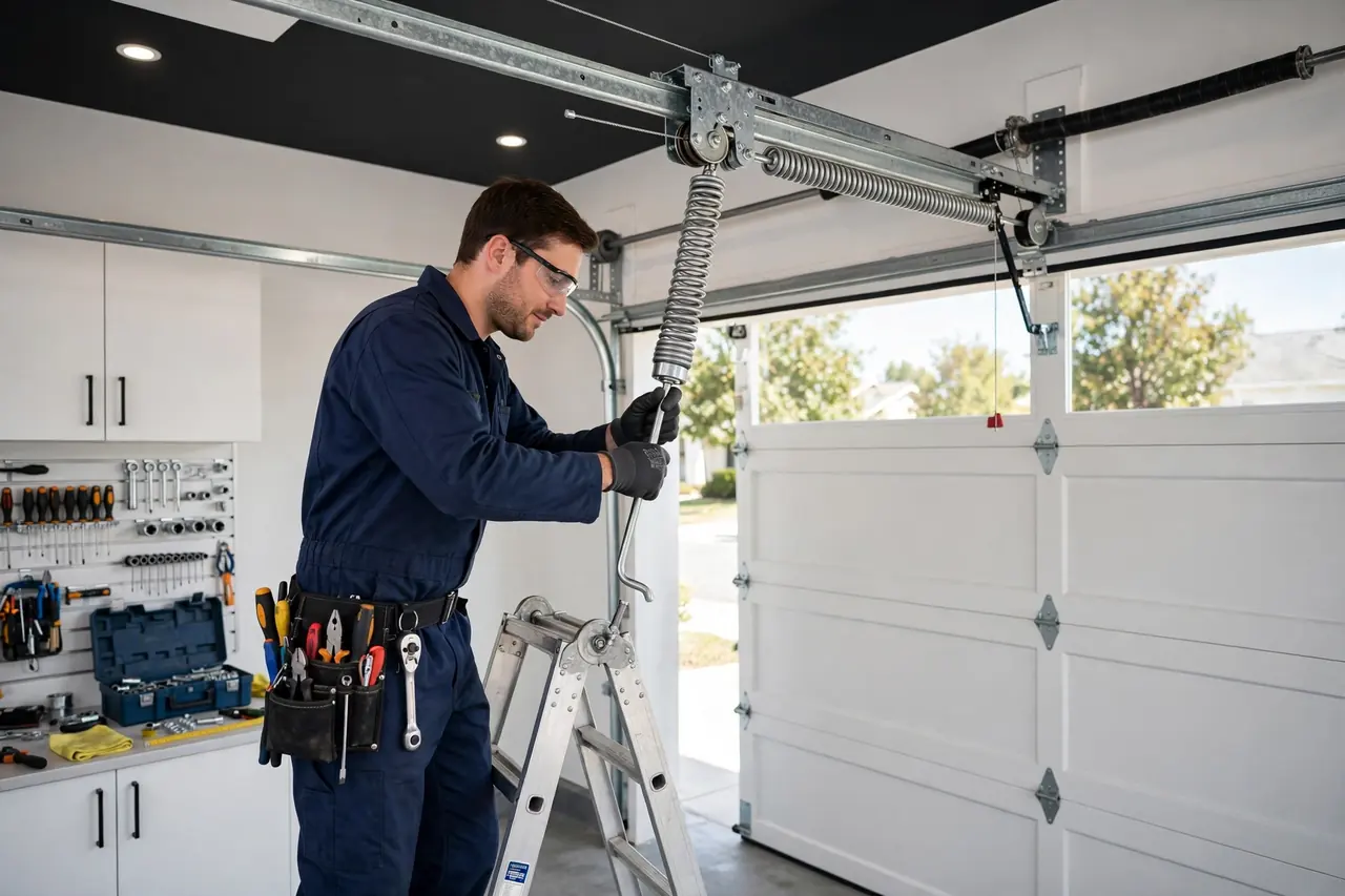 Technician repairing a garage door in Coral Springs