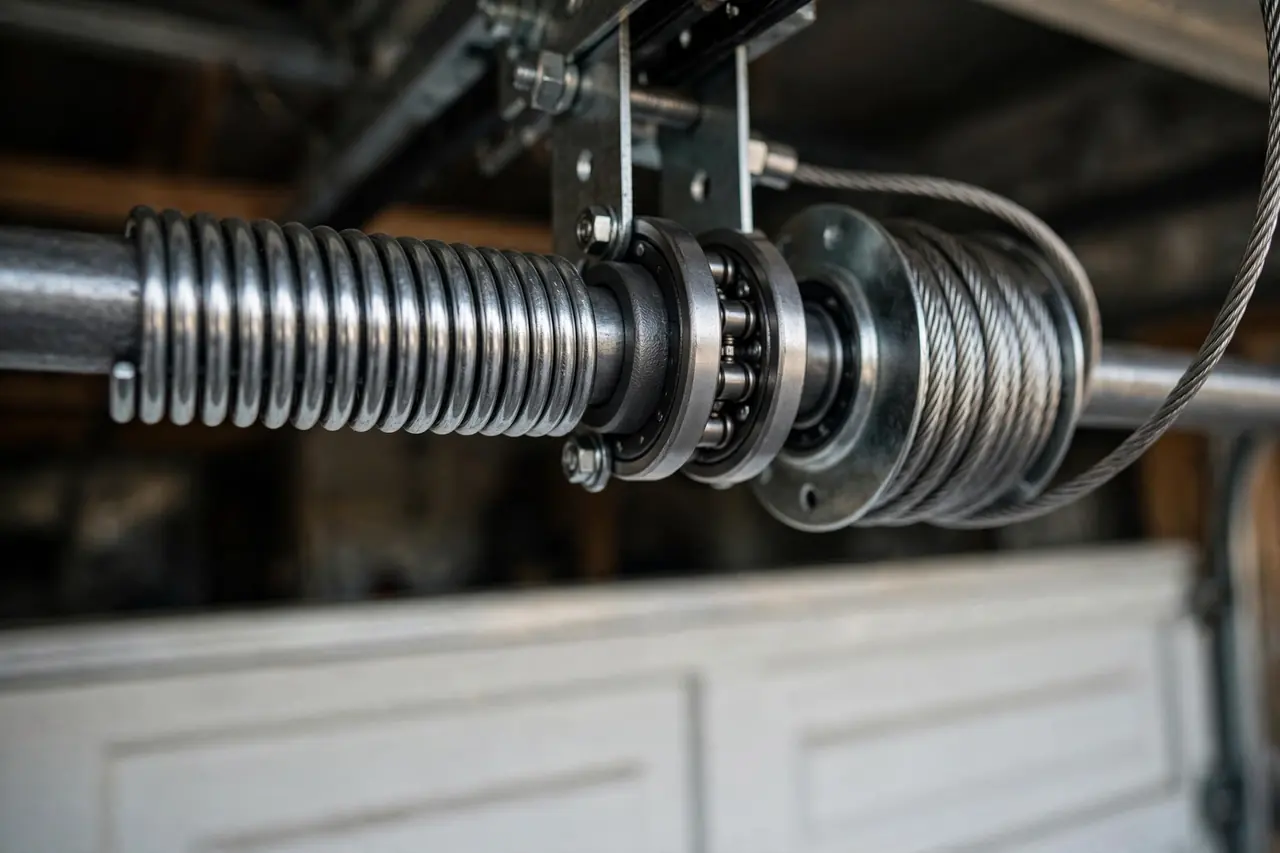 Close-up of a garage door torsion spring in Coral Springs